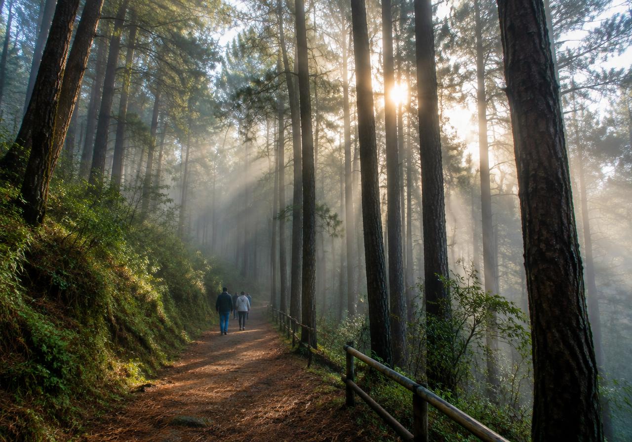 Pine forest trail with sunbeams